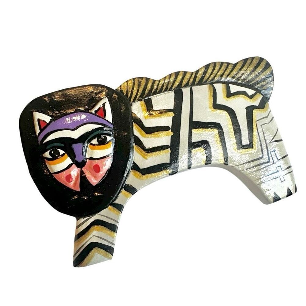 Vintage Hand-Painted Cat/lion Brooch – Geometric Folk Art